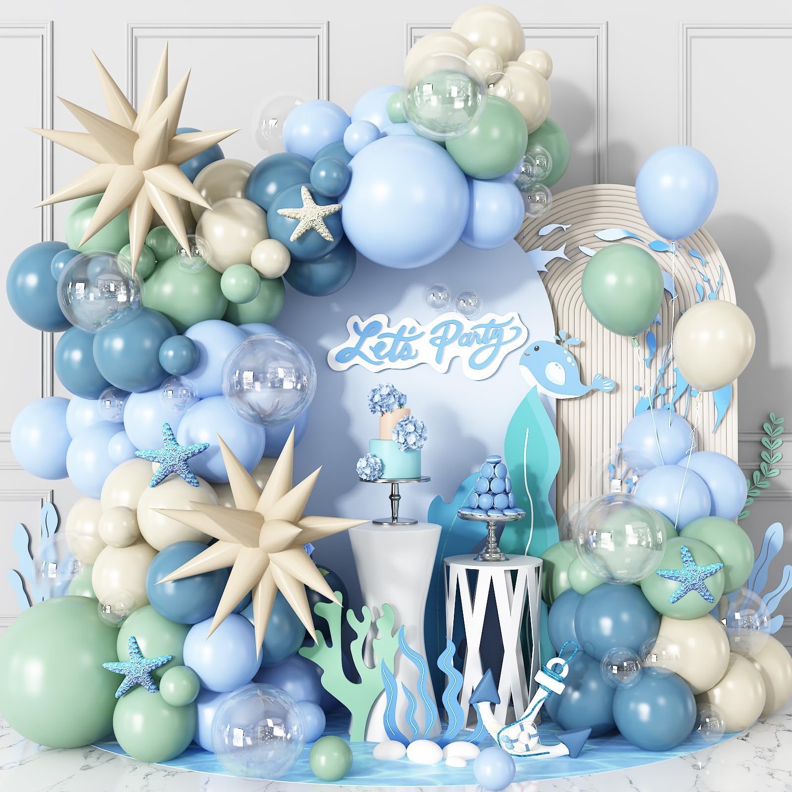 Under the Sea Balloon Arch Garland Kit – Dusty Blue, Pastel Green, Sand White & Star Foil Balloons for Ocean Birthday or Baby Shower