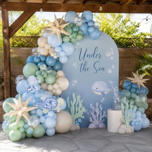 Under the Sea Balloon Arch Garland Kit – Dusty Blue, Pastel Green, Sand White & Star Foil Balloons for Ocean Birthday or Baby Shower