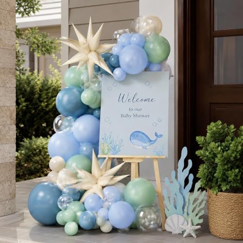 Under the Sea Balloon Arch Garland Kit – Dusty Blue, Pastel Green, Sand White & Star Foil Balloons for Ocean Birthday or Baby Shower