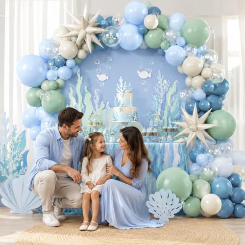 Under the Sea Balloon Arch Garland Kit – Dusty Blue, Pastel Green, Sand White & Star Foil Balloons for Ocean Birthday or Baby Shower