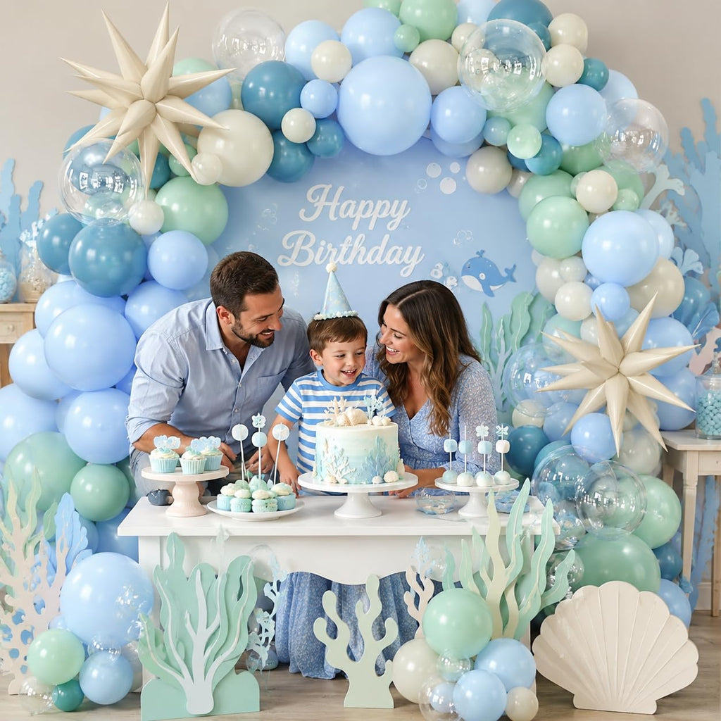 Under the Sea Balloon Arch Garland Kit – Dusty Blue, Pastel Green, Sand White & Star Foil Balloons for Ocean Birthday or Baby Shower