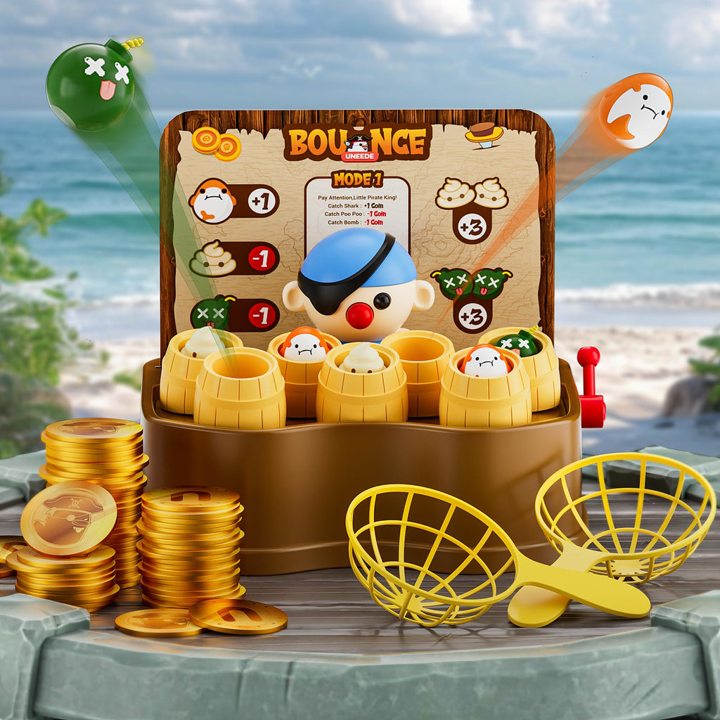 UNEEDE Pirate Bounce and Catch Game with Shark, Bomb, and Poop Launchers – Interactive Reward Board Game for Kids Ages 3+