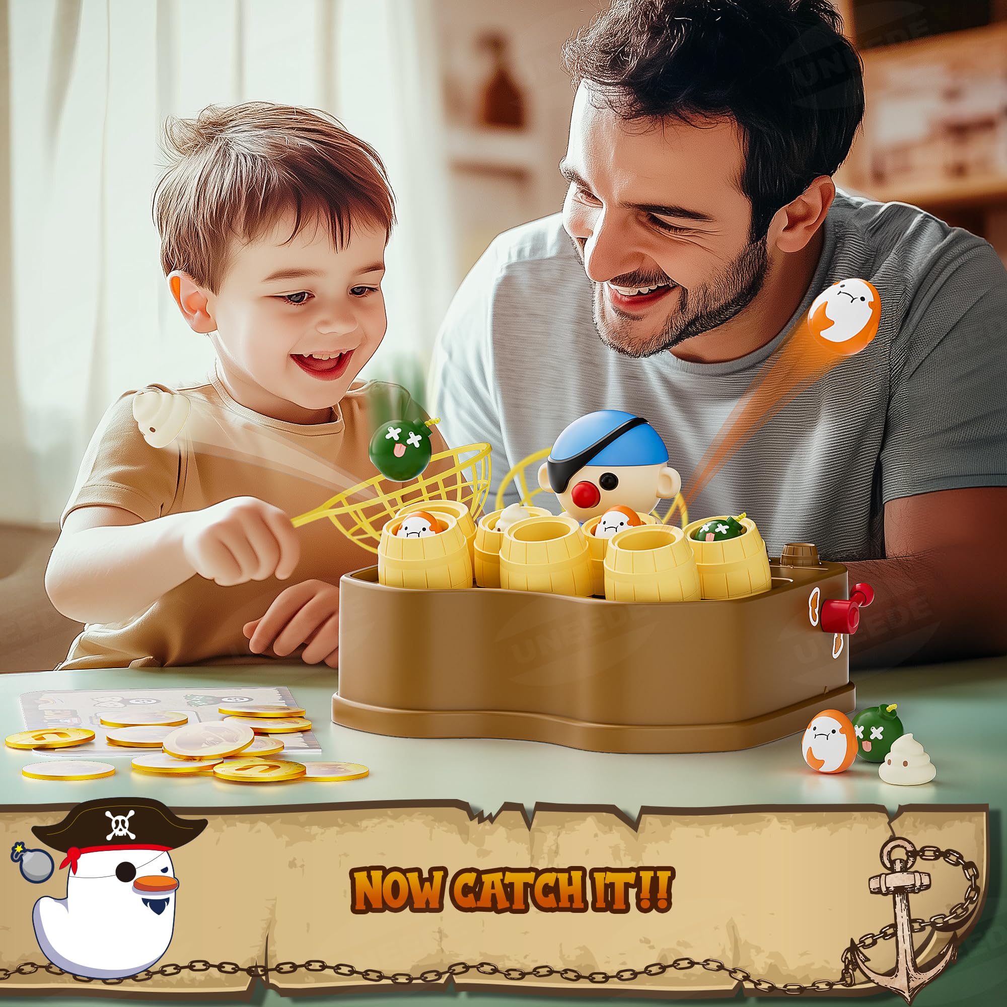UNEEDE Pirate Bounce and Catch Game with Shark, Bomb, and Poop Launchers – Interactive Reward Board Game for Kids Ages 3+