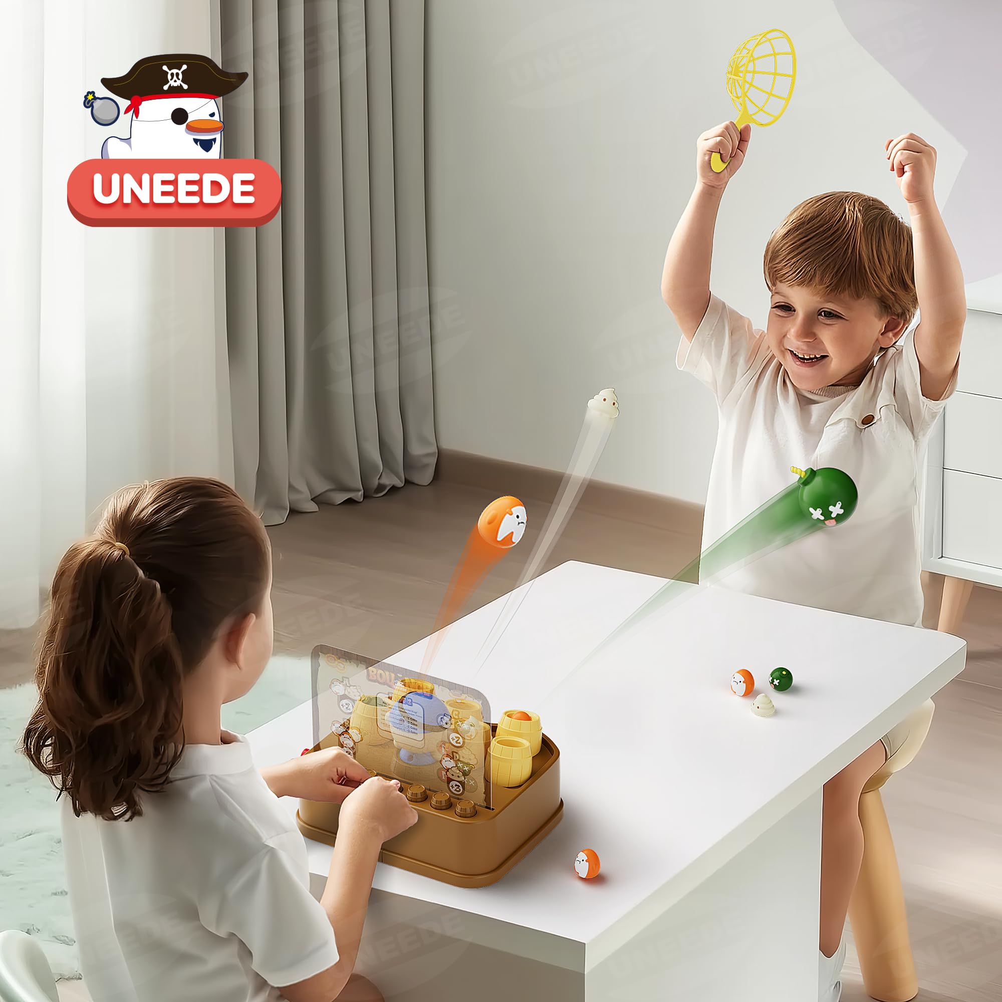 UNEEDE Pirate Bounce and Catch Game with Shark, Bomb, and Poop Launchers – Interactive Reward Board Game for Kids Ages 3+