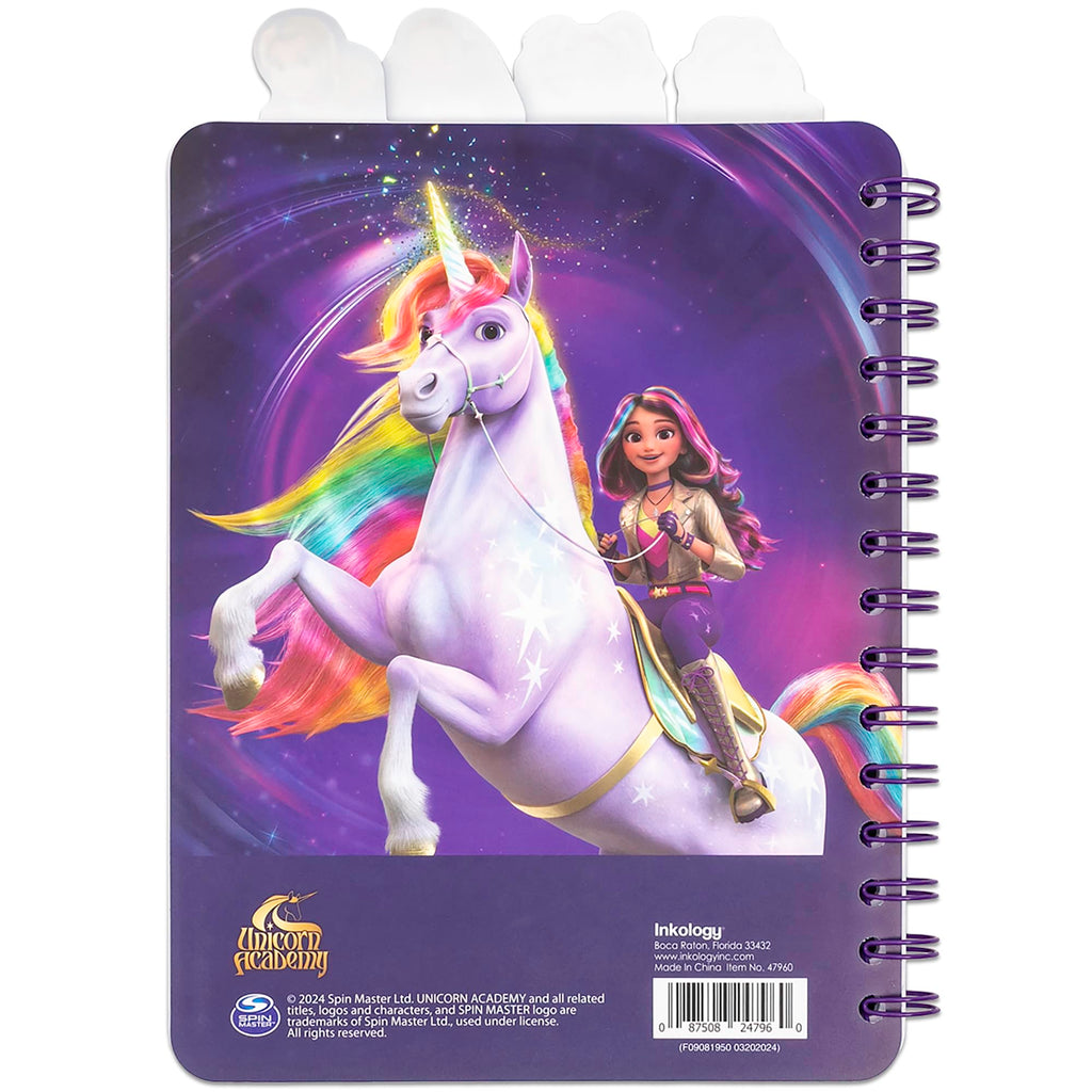 Unicorn Academy 4 Tab Journal – 160 Dot Pages, Spiral Notebook with Character Dividers for Kids