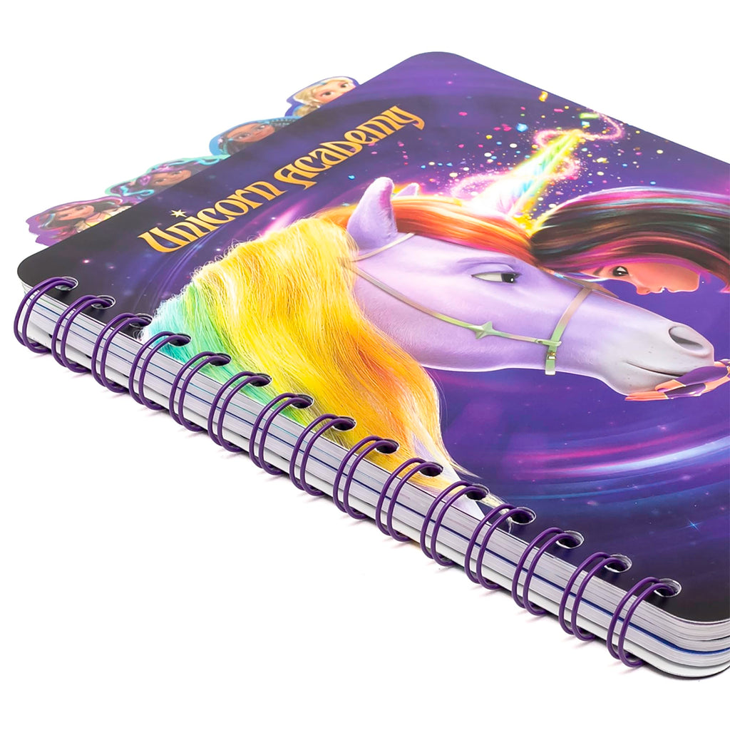 Unicorn Academy 4 Tab Journal – 160 Dot Pages, Spiral Notebook with Character Dividers for Kids