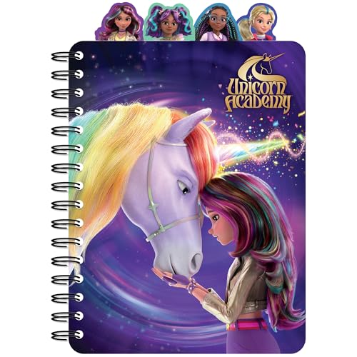 Unicorn Academy 4 Tab Journal – 160 Dot Pages, Spiral Notebook with Character Dividers for Kids