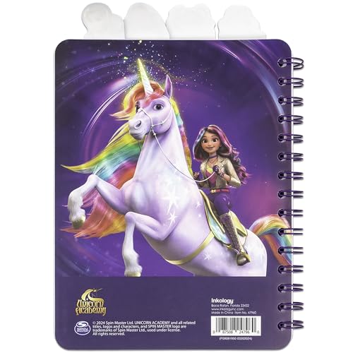 Unicorn Academy 4 Tab Journal – 160 Dot Pages, Spiral Notebook with Character Dividers for Kids