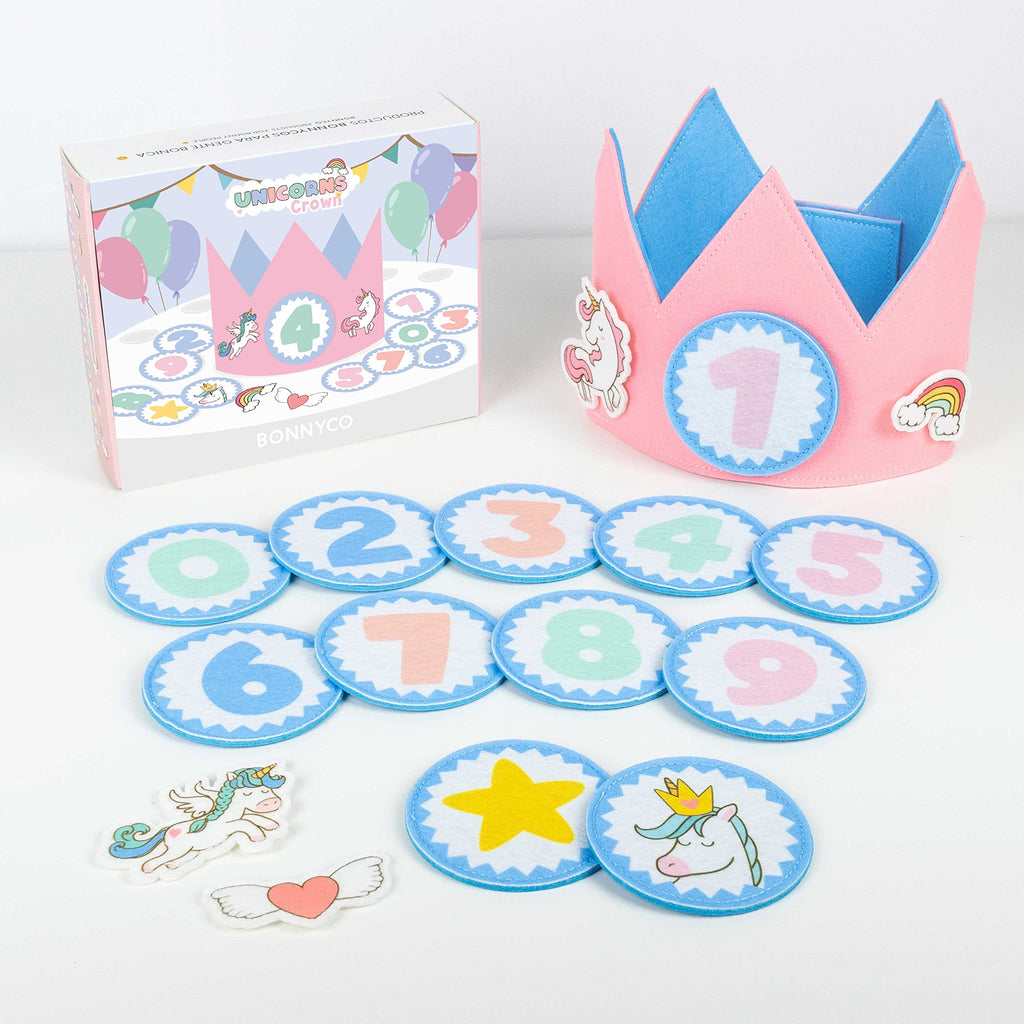 Unicorn Birthday Crown with Interchangeable Numbers 0-9 and Decorative Figures by BONNYCO