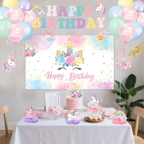 Unicorn Birthday Decorations Kit – 44-Piece Set with Banner, Backdrop, Balloons, and Toppers