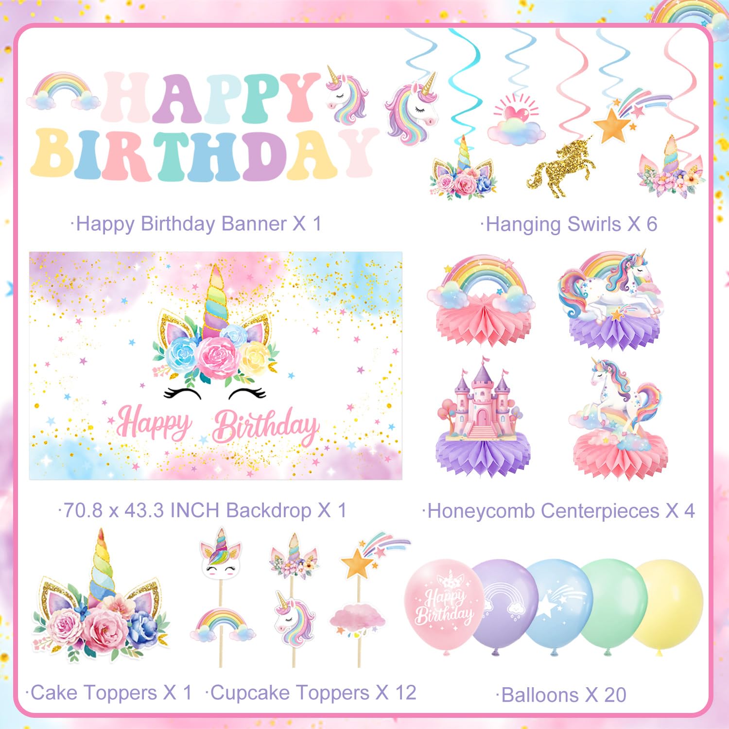 Unicorn Birthday Decorations Kit – 44-Piece Set with Banner, Backdrop, Balloons, and Toppers