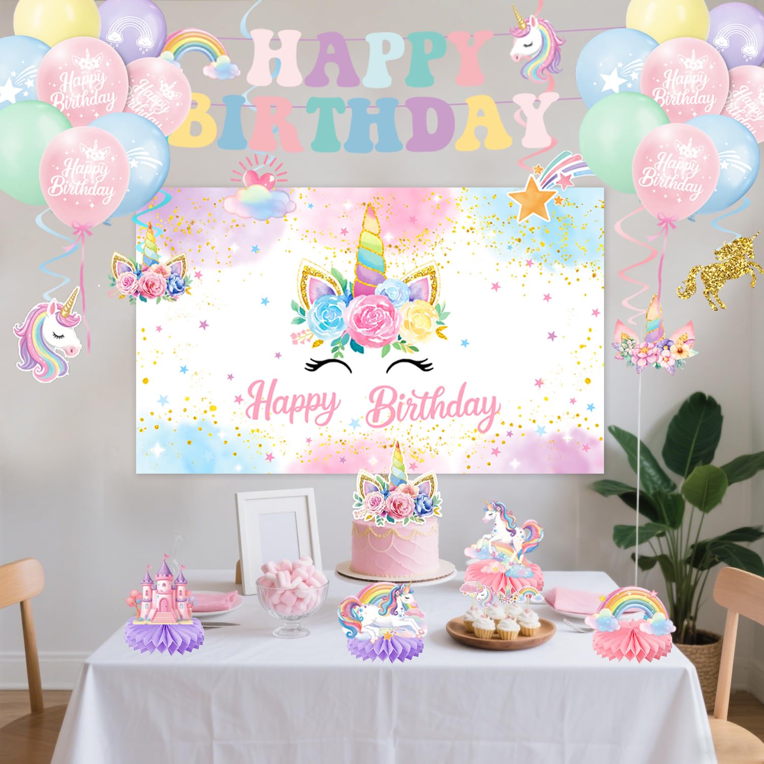 Unicorn Birthday Decorations Kit – 44-Piece Set with Banner, Backdrop, Balloons, and Toppers