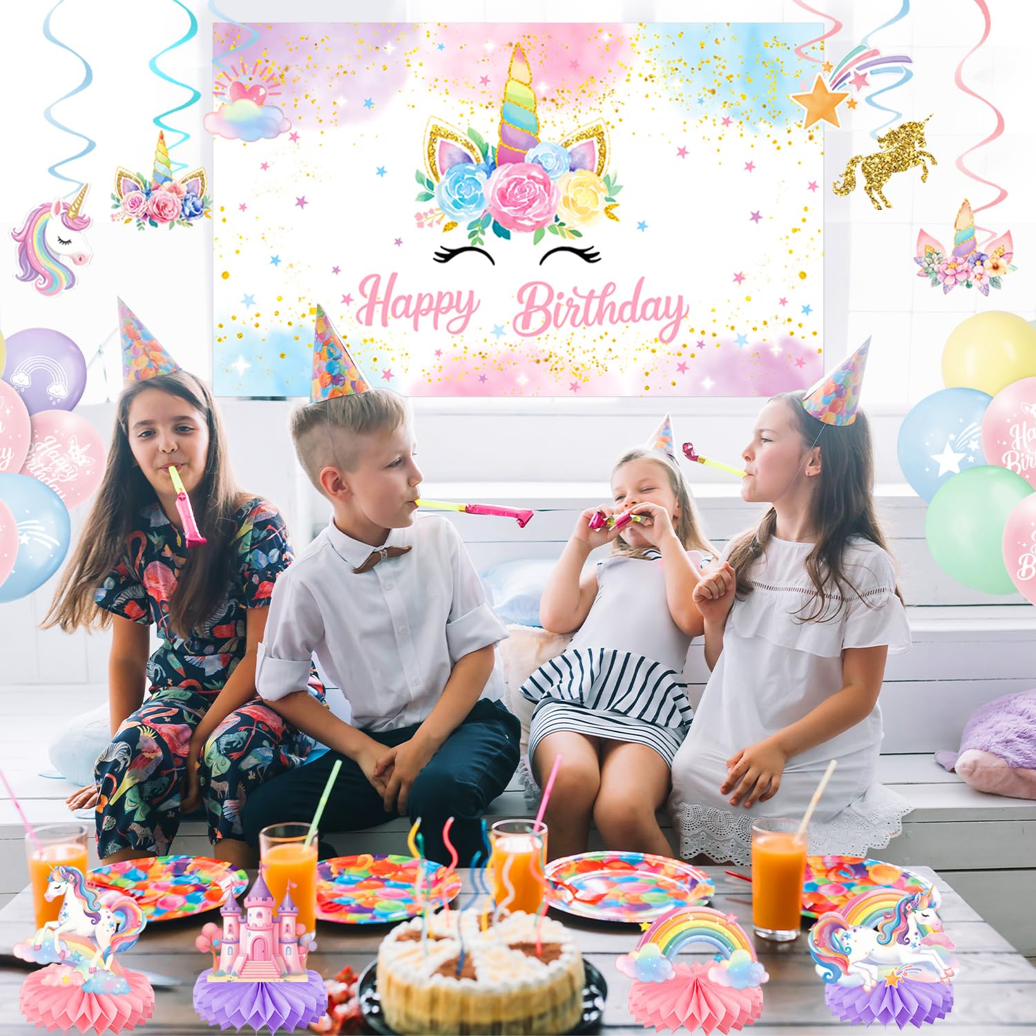 Unicorn Birthday Decorations Kit – 44-Piece Set with Banner, Backdrop, Balloons, and Toppers