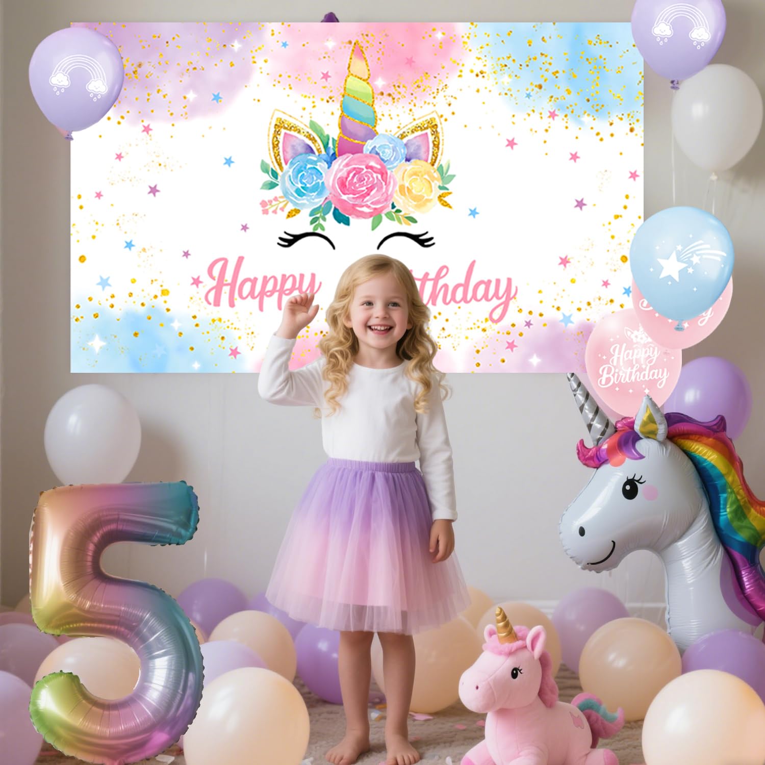Unicorn Birthday Decorations Kit – 44-Piece Set with Banner, Backdrop, Balloons, and Toppers