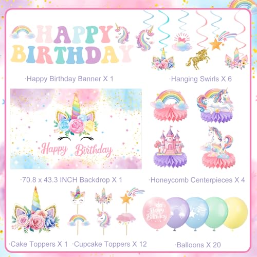 Unicorn Birthday Decorations Kit – 44-Piece Set with Banner, Backdrop, Balloons, and Toppers