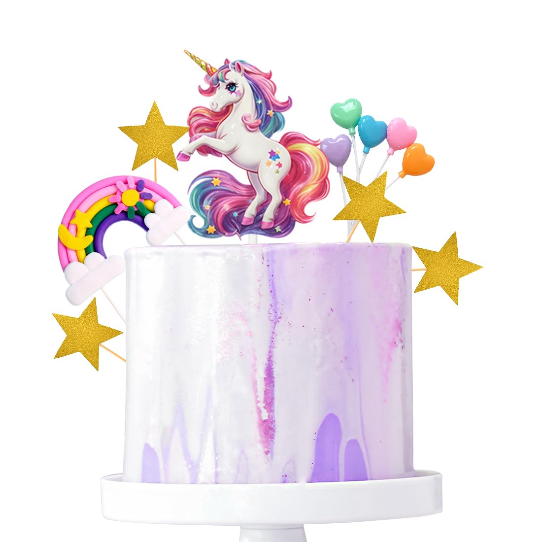 Unicorn Cake Topper Set with Rainbow, Stars, and Heart Balloons – Birthday Party Decoration