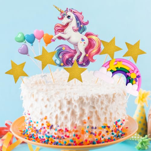 Unicorn Cake Topper Set with Rainbow, Stars, and Heart Balloons – Birthday Party Decoration