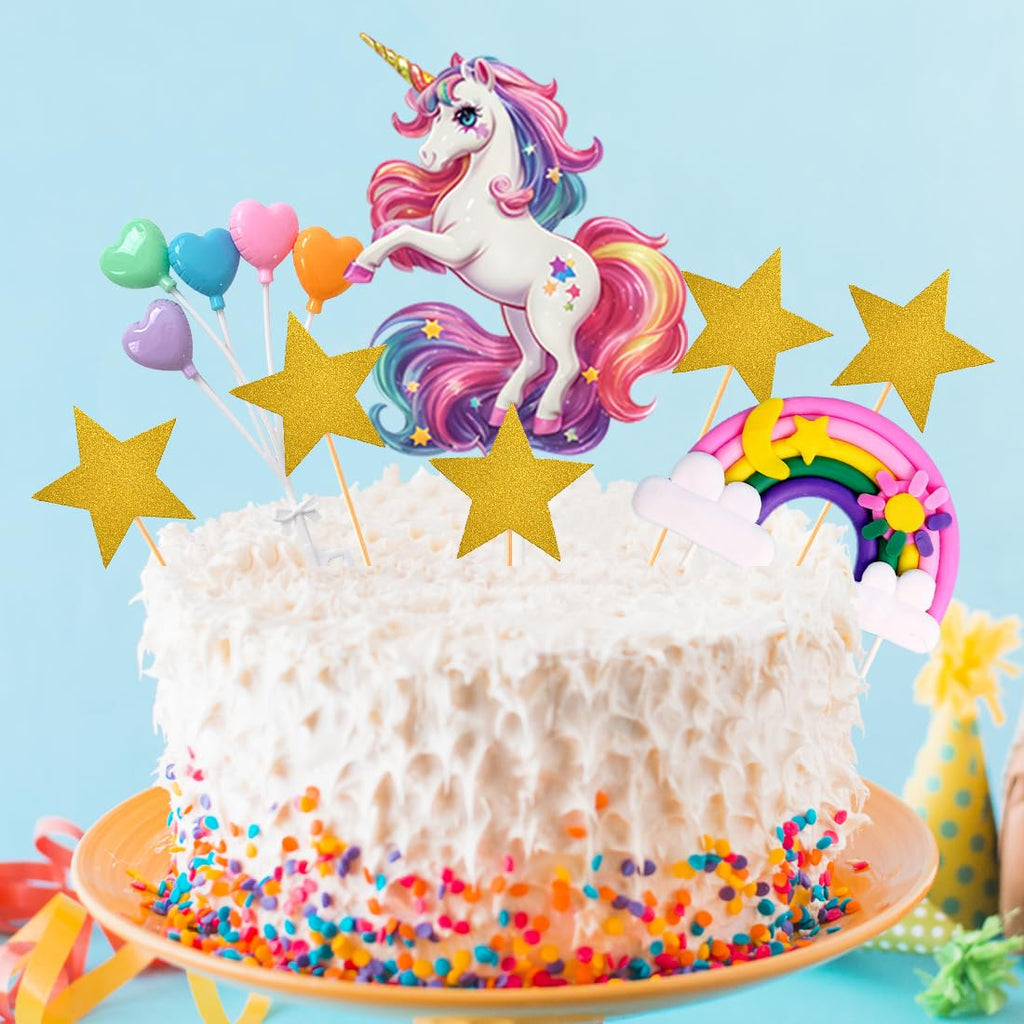 Unicorn Cake Topper Set with Rainbow, Stars, and Heart Balloons – Birthday Party Decoration