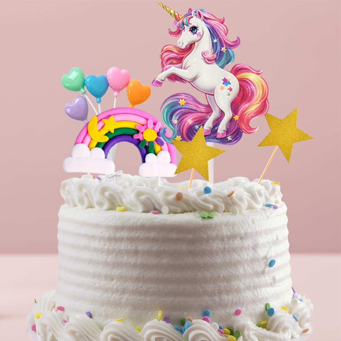 Unicorn Cake Topper Set with Rainbow, Stars, and Heart Balloons – Birthday Party Decoration