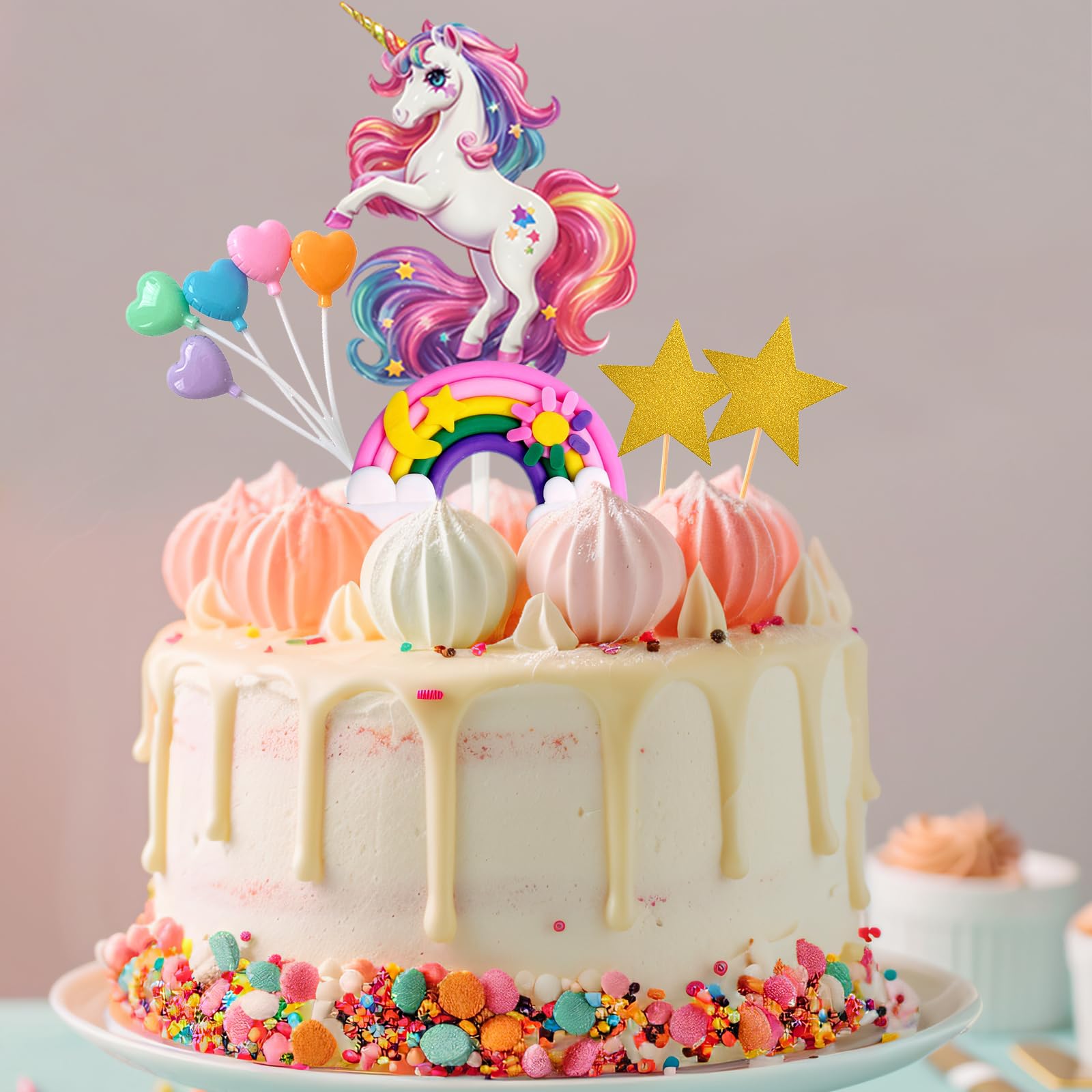 Unicorn Cake Topper Set with Rainbow, Stars, and Heart Balloons – Birthday Party Decoration