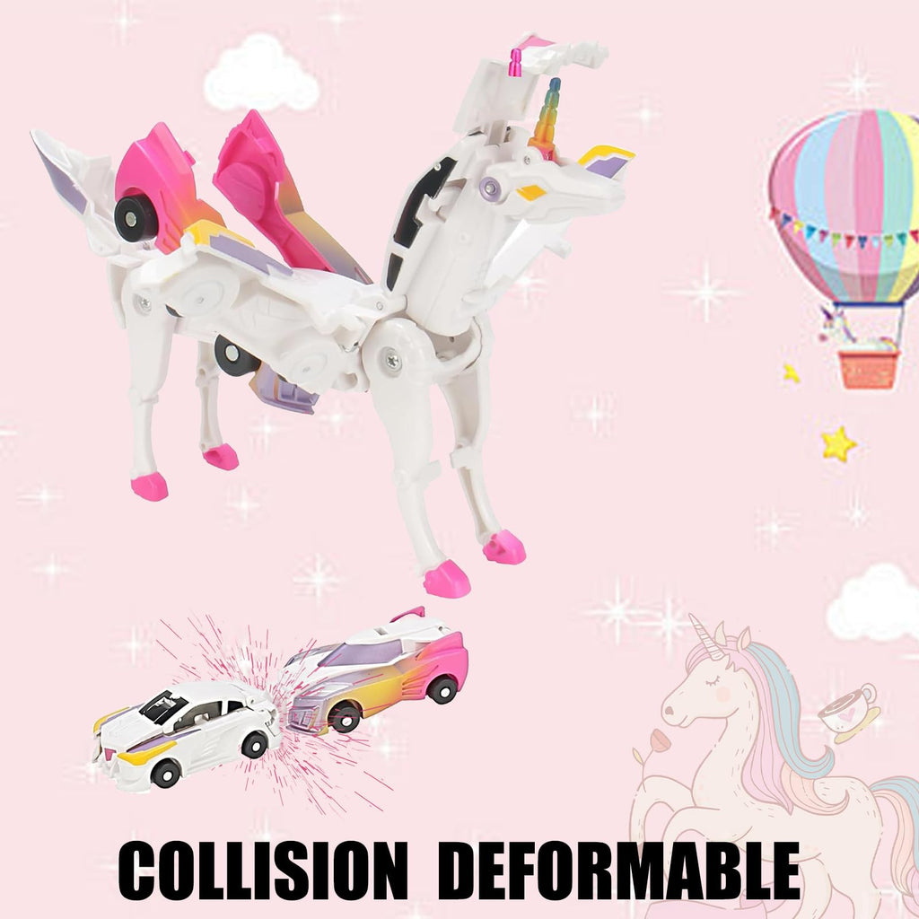 Unicorn Collision Transforming Cars Toy – 2-in-1 Magnetic Cars That Transform into a Unicorn with Wings, No Batteries Required, for Kids Ages 2-12, Pink