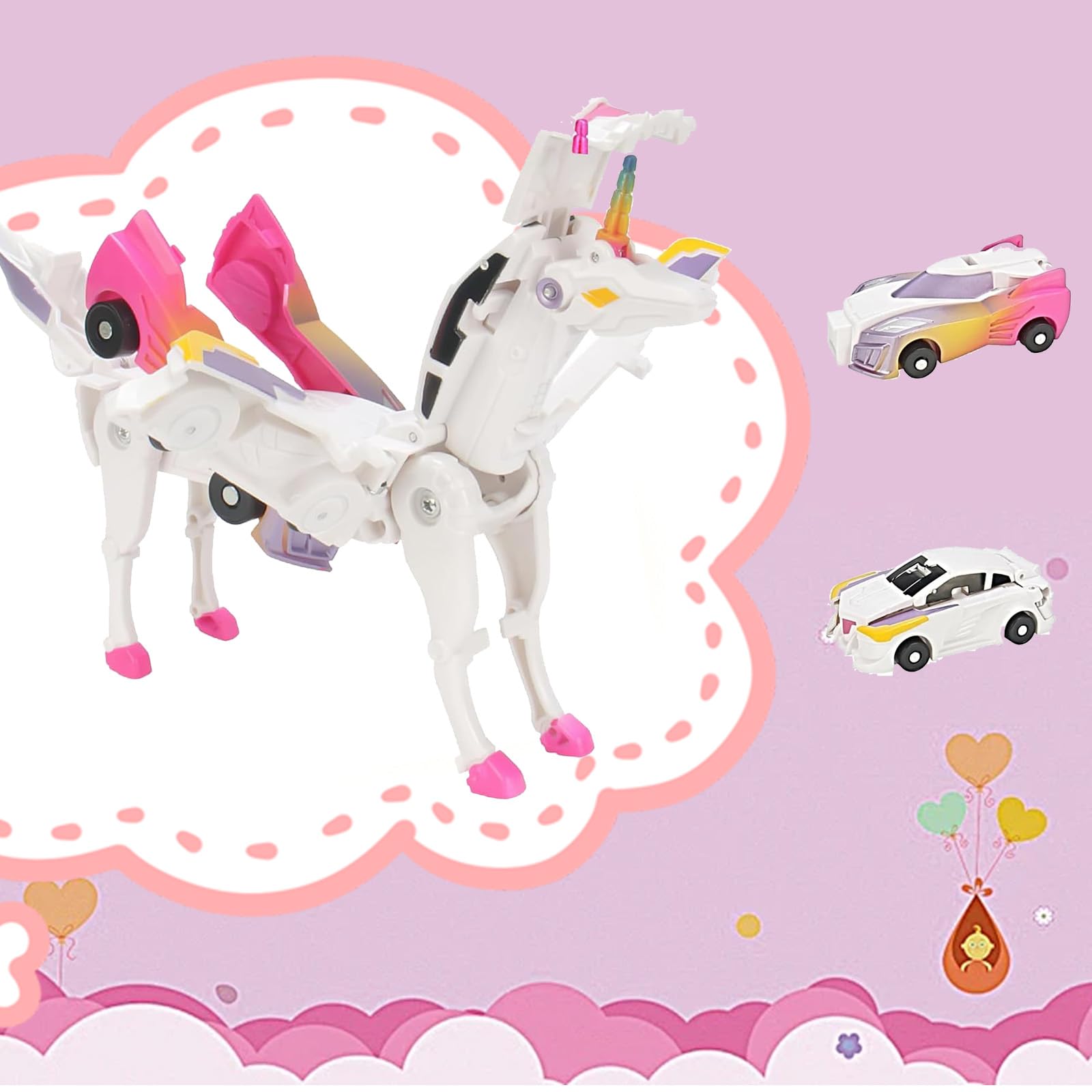 Unicorn Collision Transforming Cars Toy – 2-in-1 Magnetic Cars That Transform into a Unicorn with Wings, No Batteries Required, for Kids Ages 2-12, Pink