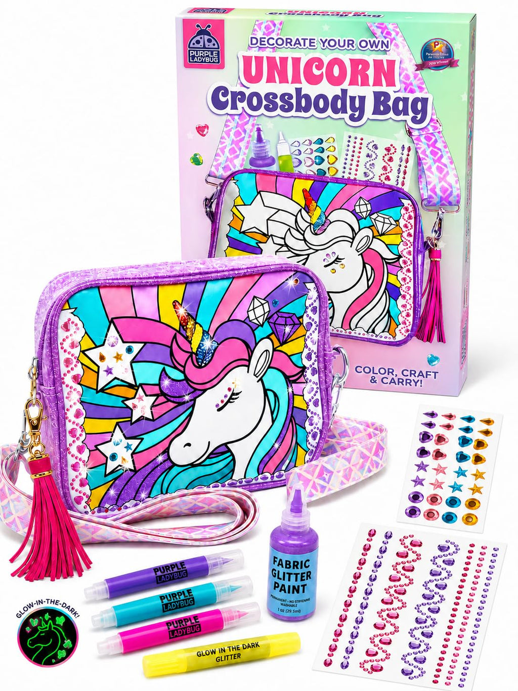Unicorn Crossbody Bag Decorating Kit for Girls Ages 6-12 – Includes Markers, Paint, Stickers & Glitter