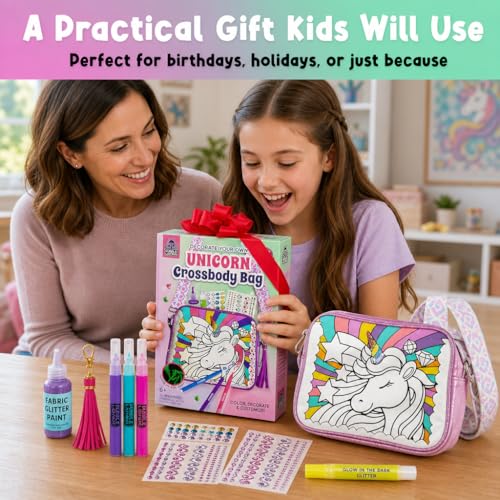 Unicorn Crossbody Bag Decorating Kit for Girls Ages 6-12 – Includes Markers, Paint, Stickers & Glitter