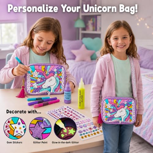 Unicorn Crossbody Bag Decorating Kit for Girls Ages 6-12 – Includes Markers, Paint, Stickers & Glitter