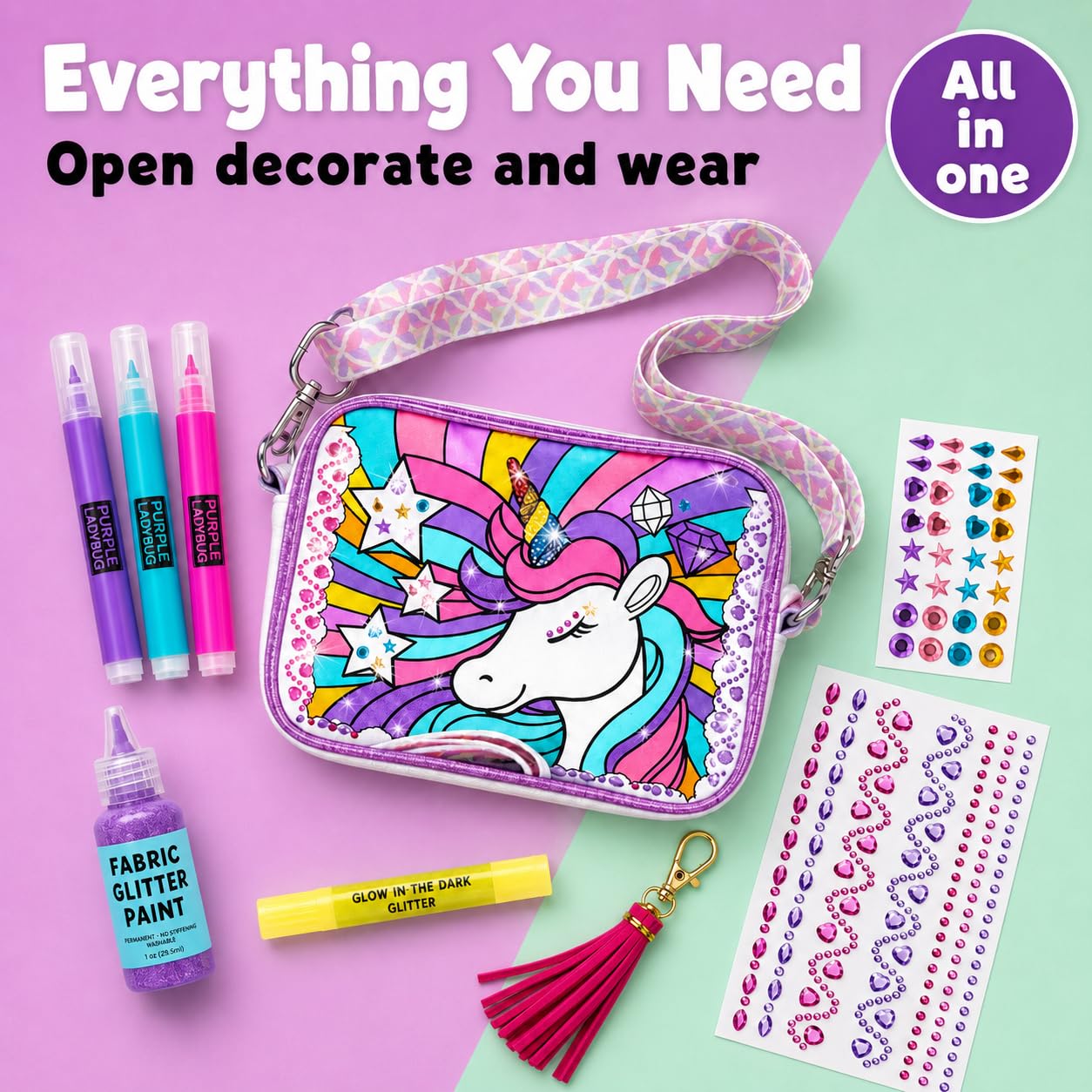 Unicorn Crossbody Bag Decorating Kit for Girls Ages 6-12 – Includes Markers, Paint, Stickers & Glitter