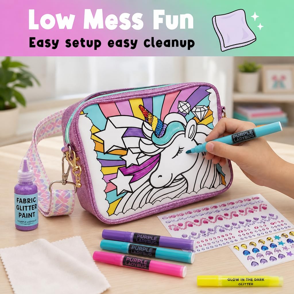 Unicorn Crossbody Bag Decorating Kit for Girls Ages 6-12 – Includes Markers, Paint, Stickers & Glitter