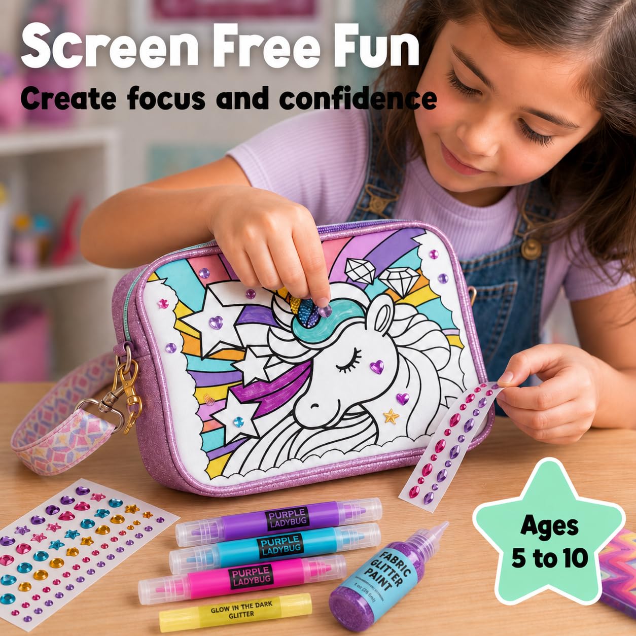 Unicorn Crossbody Bag Decorating Kit for Girls Ages 6-12 – Includes Markers, Paint, Stickers & Glitter