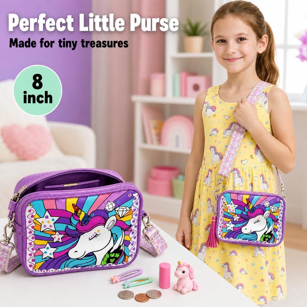 Unicorn Crossbody Bag Decorating Kit for Girls Ages 6-12 – Includes Markers, Paint, Stickers & Glitter