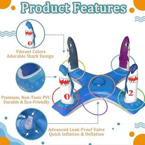 Uniqhia Inflatable Shark Ring Toss Game - Floating Pool Toy for Kids Ages 4-8 and Adults