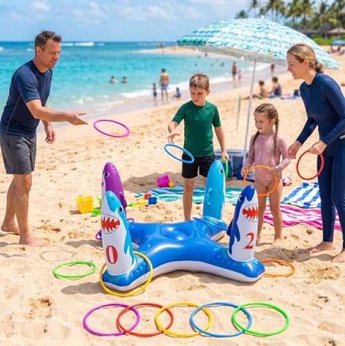 Uniqhia Inflatable Shark Ring Toss Game - Floating Pool Toy for Kids Ages 4-8 and Adults