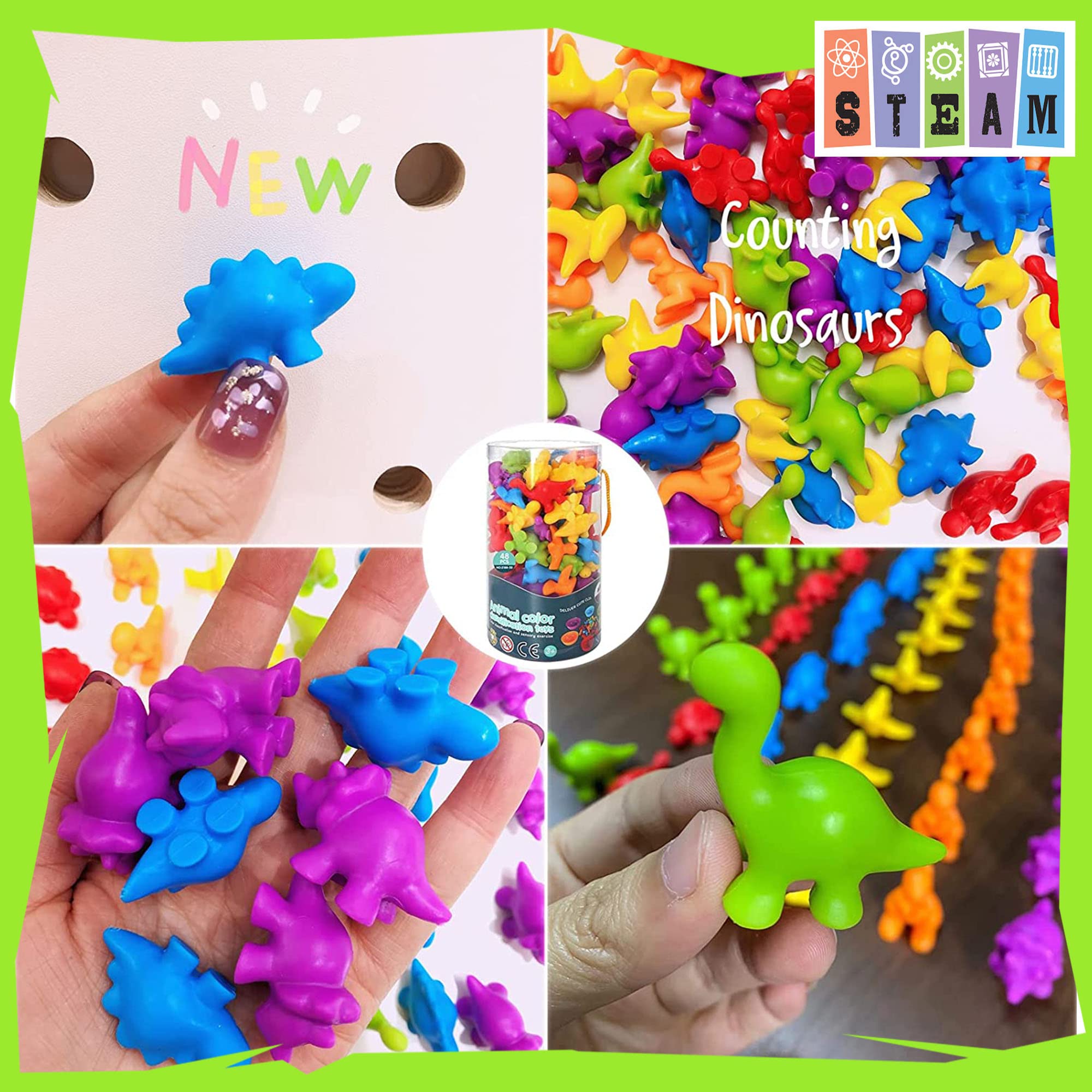 UNIQUE KIDS 48-Piece Dinosaur Counting Toy Set with Sorting Cups and Tweezers – STEM Learning for Ages 3-6