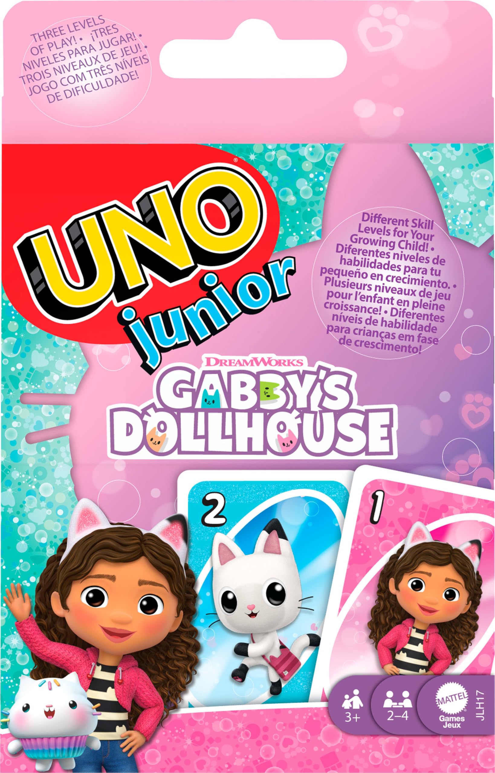 UNO Junior Gabby's Dollhouse Card Game – 3-Level Play for Kids Ages 3+