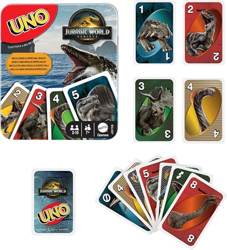 UNO Jurassic World Rebirth Card Game with Attack of the T. Rex Rule in Collectible Tin