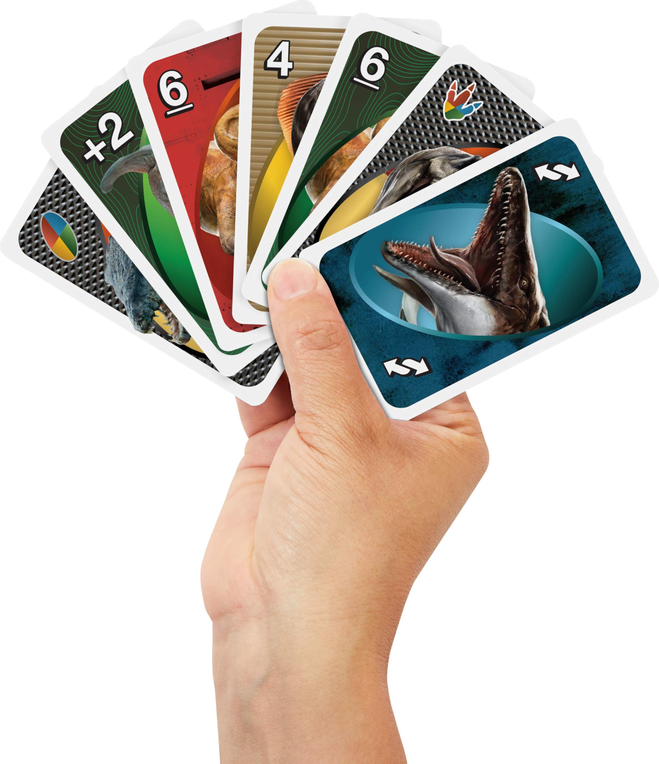 UNO Jurassic World Rebirth Card Game with Attack of the T. Rex Rule in Collectible Tin