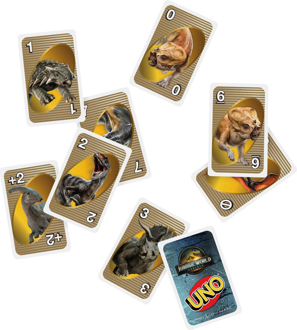 UNO Jurassic World Rebirth Card Game with Attack of the T. Rex Rule in Collectible Tin