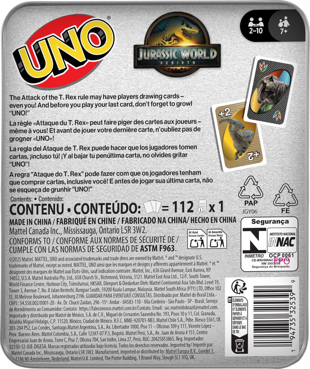 UNO Jurassic World Rebirth Card Game with Attack of the T. Rex Rule in Collectible Tin