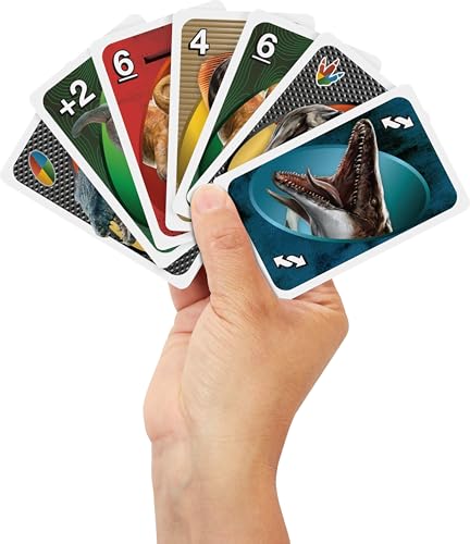 UNO Jurassic World Rebirth Card Game with Attack of the T. Rex Rule in Collectible Tin