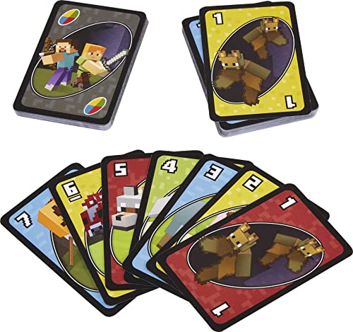 UNO Minecraft Card Game – 112 Cards with Creeper Action, Storage Tin, for 2-10 Players Ages 7+