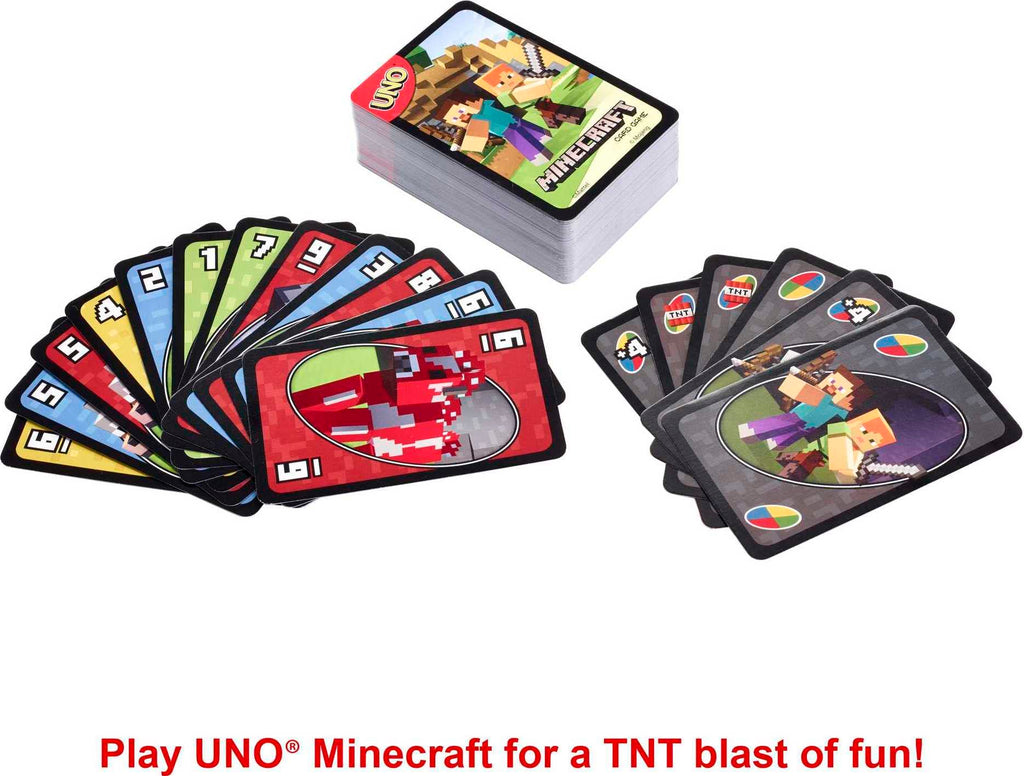 UNO Minecraft Card Game – 112 Cards with Creeper Action, Storage Tin, for 2-10 Players Ages 7+