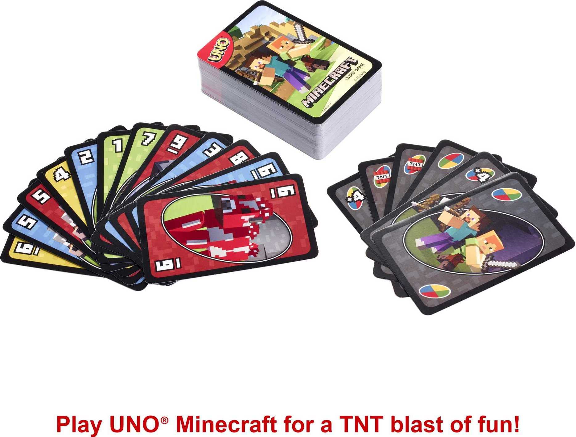 UNO Minecraft Card Game – 112 Cards with Creeper Action, Storage Tin, for 2-10 Players Ages 7+