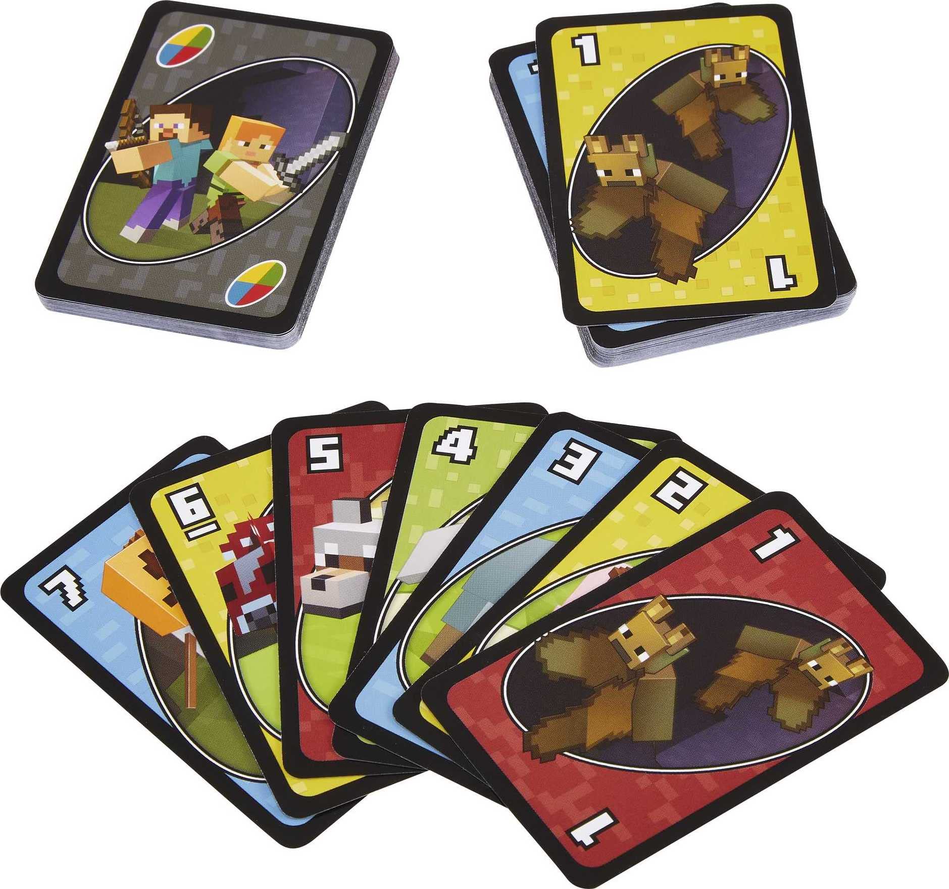 UNO Minecraft Card Game – 112 Cards with Creeper Action, Storage Tin, for 2-10 Players Ages 7+