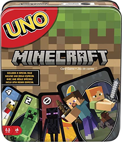 UNO Minecraft Card Game – 112 Cards with Creeper Action, Storage Tin, for 2-10 Players Ages 7+