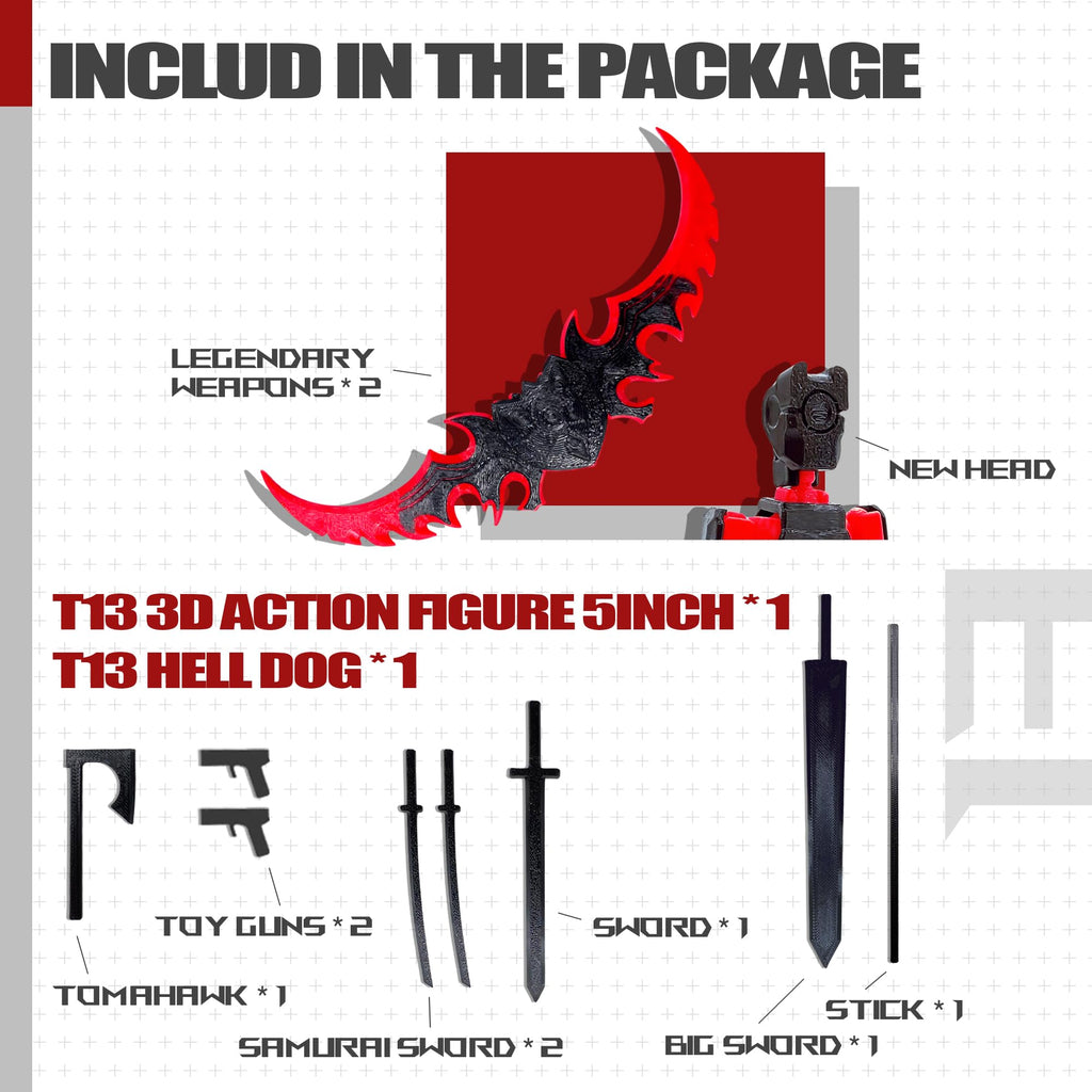 Uodofy T13 3D Action Figure Set - Assembly Completed, Black Red + Dog, Multi-Jointed by Soozafone