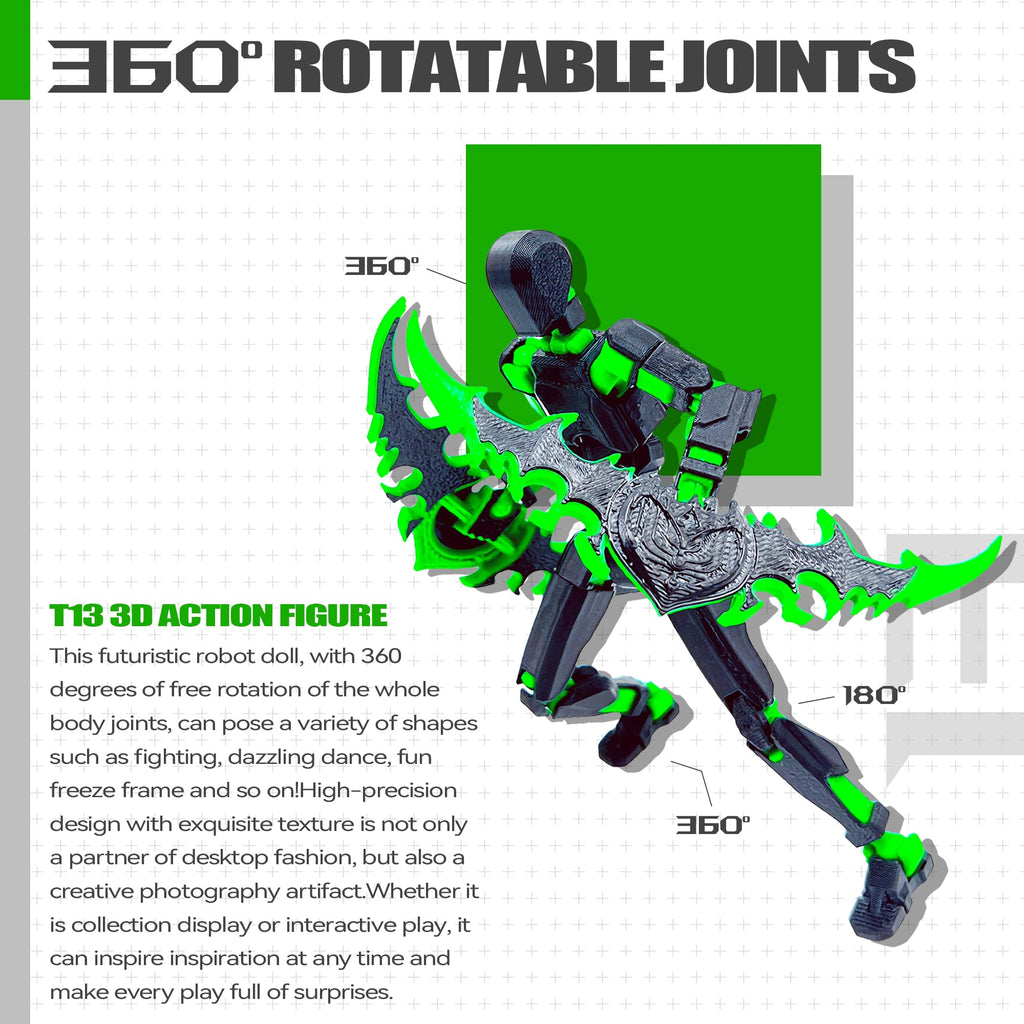 Uodofy T13 3D Action Figure Set – Pre-Assembled Multi-Jointed Robot Toy (Black + Green)