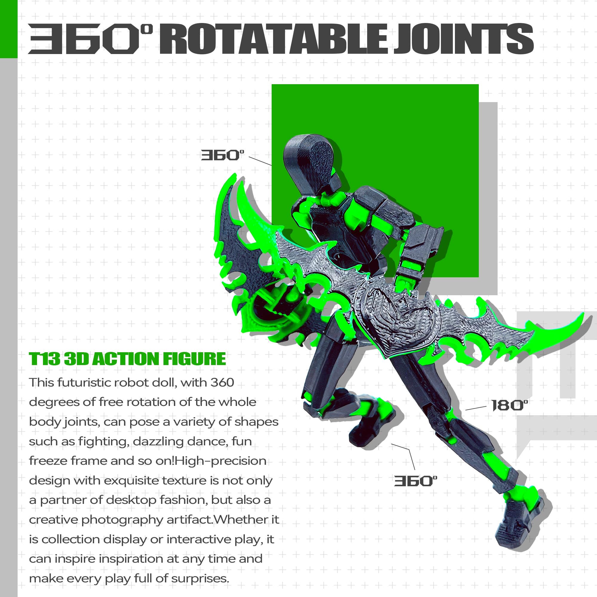 Uodofy T13 3D Action Figure Set – Pre-Assembled Multi-Jointed Robot Toy (Black + Green)